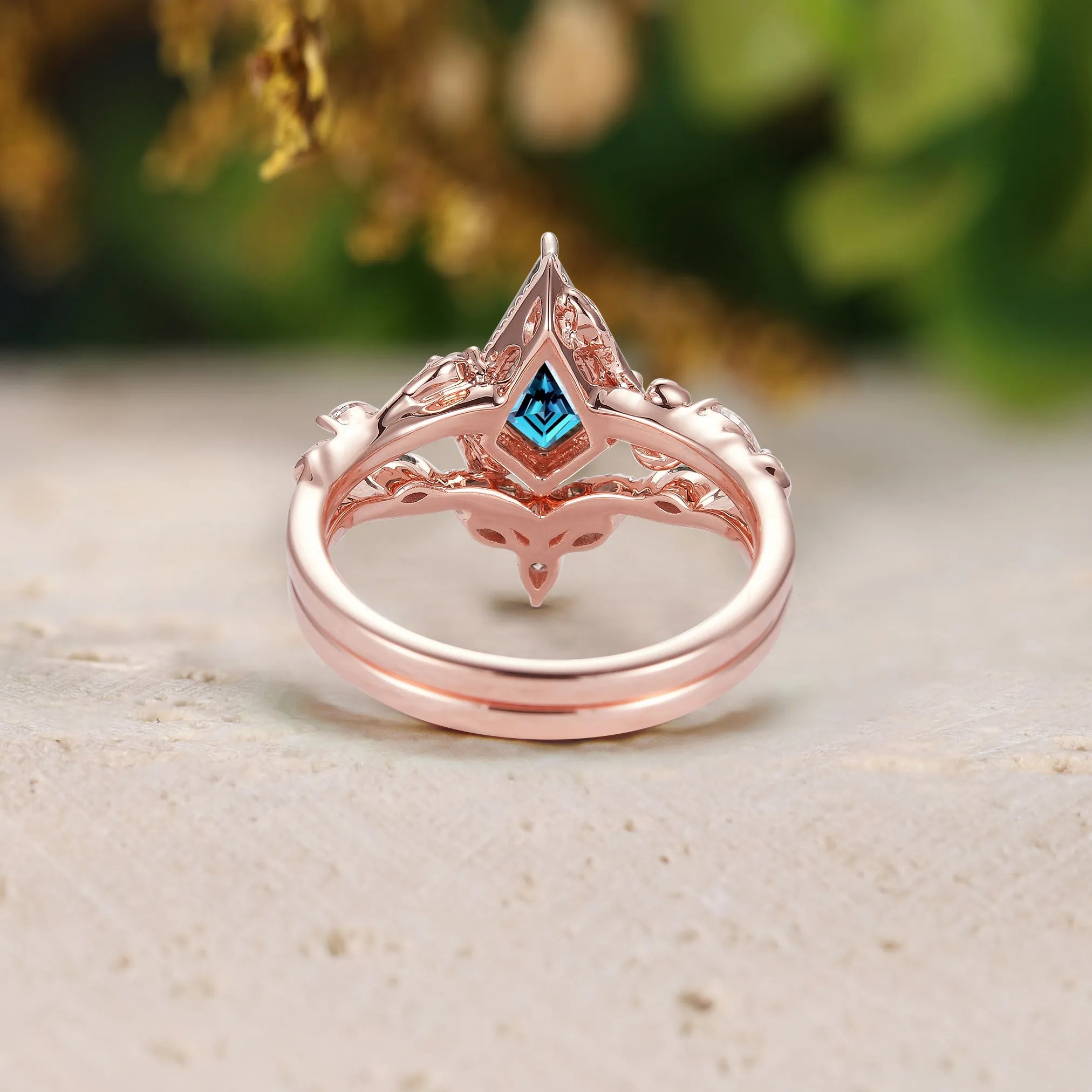 Antique Milgrain Edge Kite Cut Alexandrite Bridal Sets 2pcs with Leaves