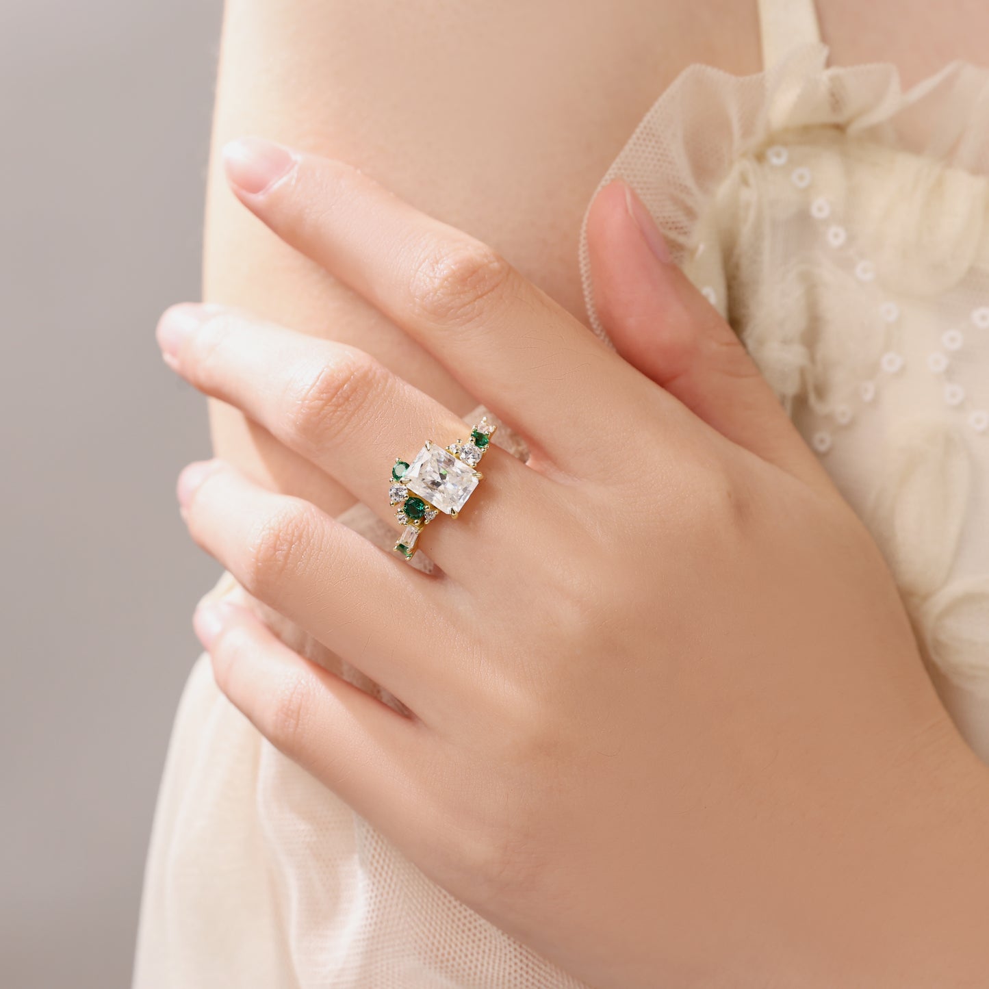 Emerald Cut Moissanite Engagement Ring With Emerald & Moissaite Cluster