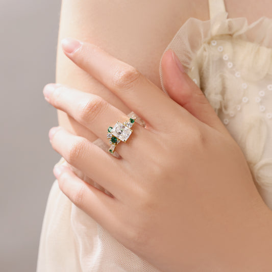 Emerald Cut Moissanite Engagement Ring With Emerald & Moissaite Cluster