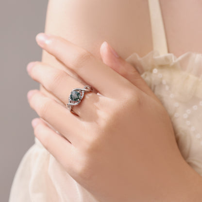 Round Cut Natural Moss Agate Engagement Ring With Cross Moissaite Cluster