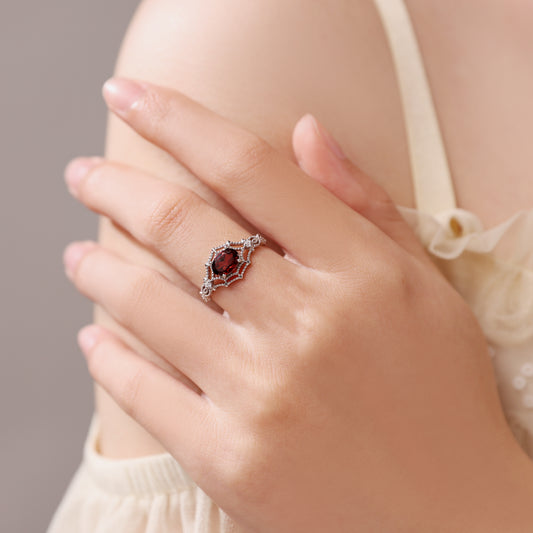 Oval Lab Ruby Vintage Beaded Spiderweb Engagement Ring