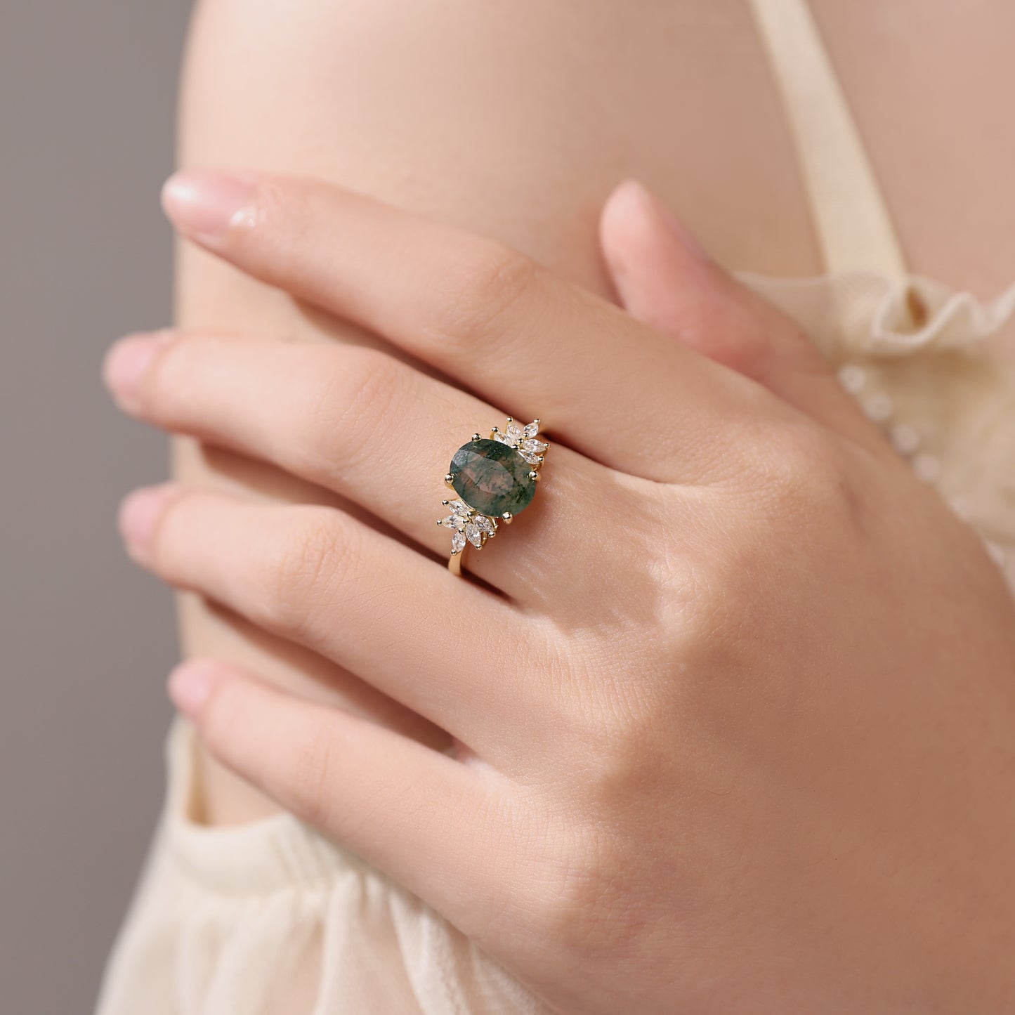 Oval Cut Moss Agate  Engagement Ring with Marquise Moissanite Cluster