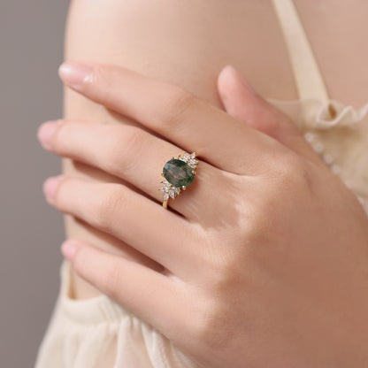 Oval Cut Moss Agate  Engagement Ring with Marquise Moissanite Cluster