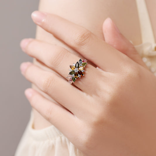 Marquise Natural Tourmaline Cluster Flora Promise Ring