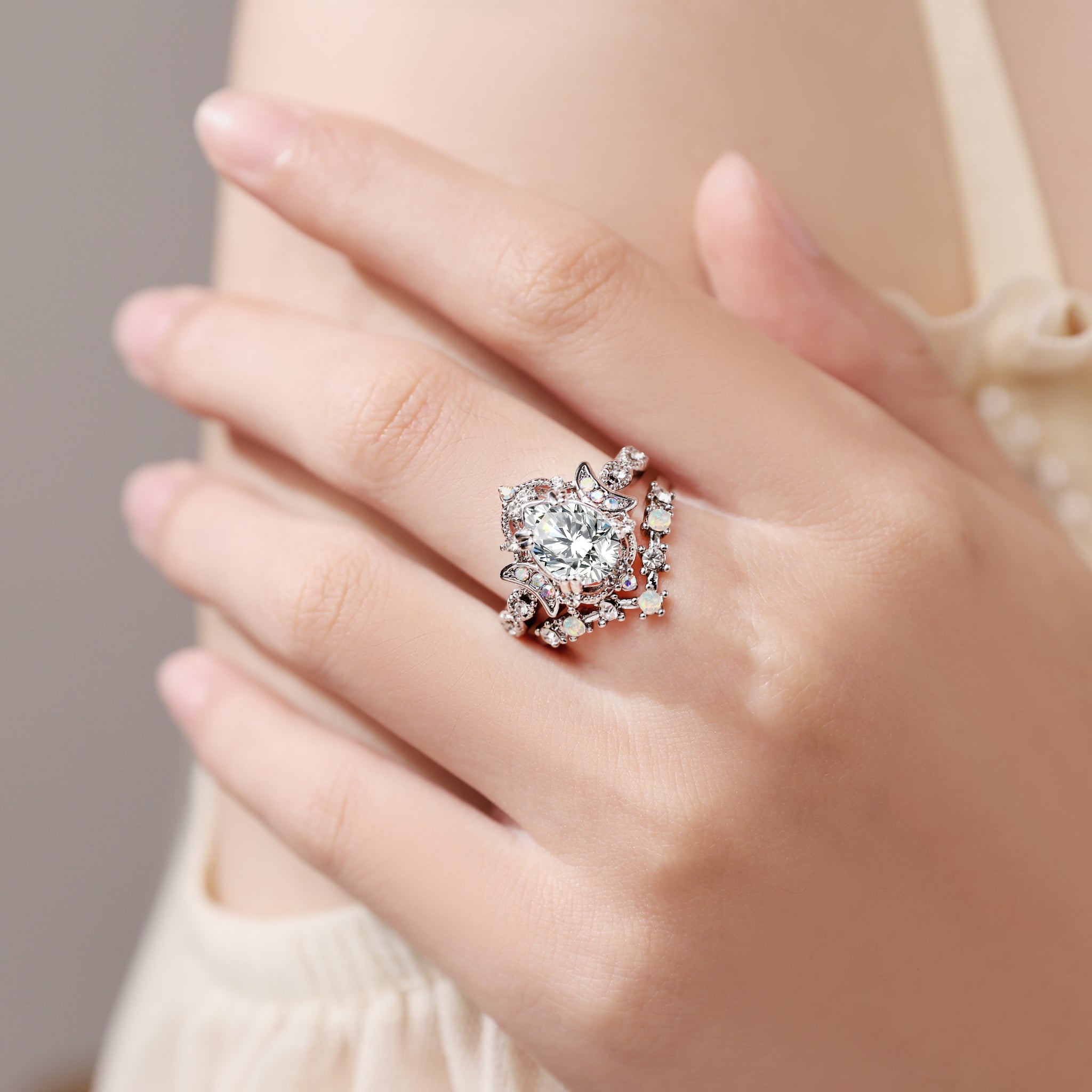 Pear Moissanite Engagement Ring with Opal Moon Accents Bridal Set