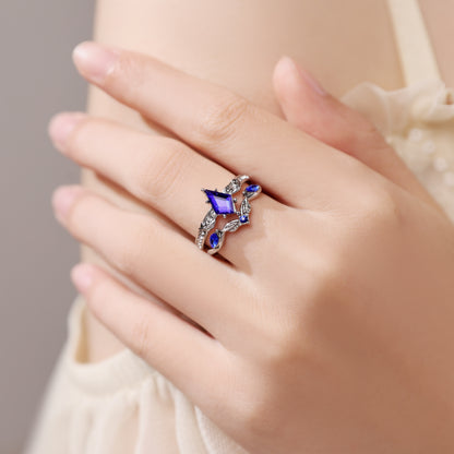 Kite Shaped Blue Sapphire Leaf Ring Sets 2pcs