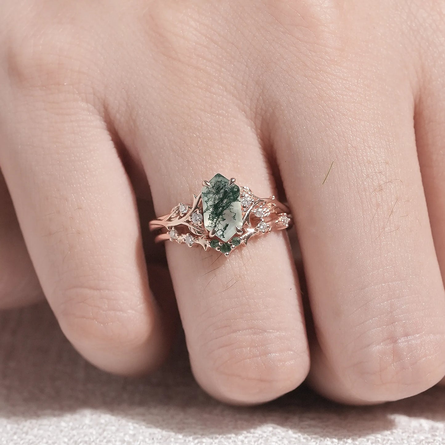 Long Hexagon Cut Moss Agate Bridal Sets 2pcs with Leaves