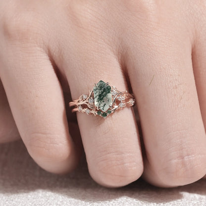 Long Hexagon Cut Moss Agate Bridal Sets 2pcs with Leaves