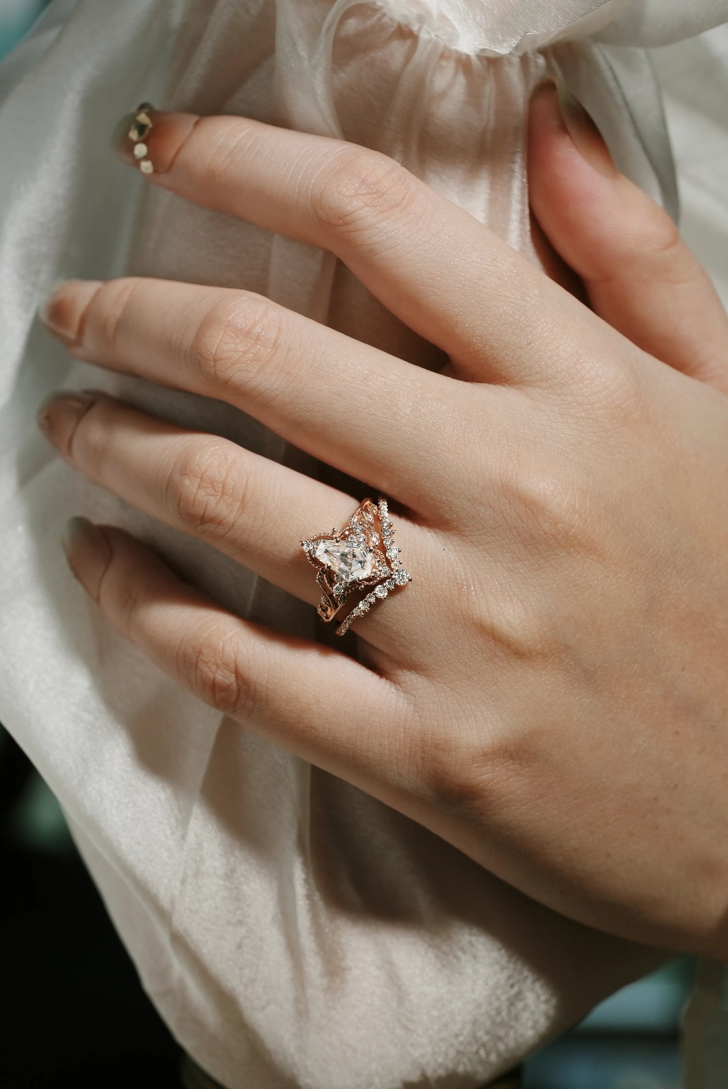 Coffin Cut Moissanite Engagement Ring Sets 2pcs with Leaves