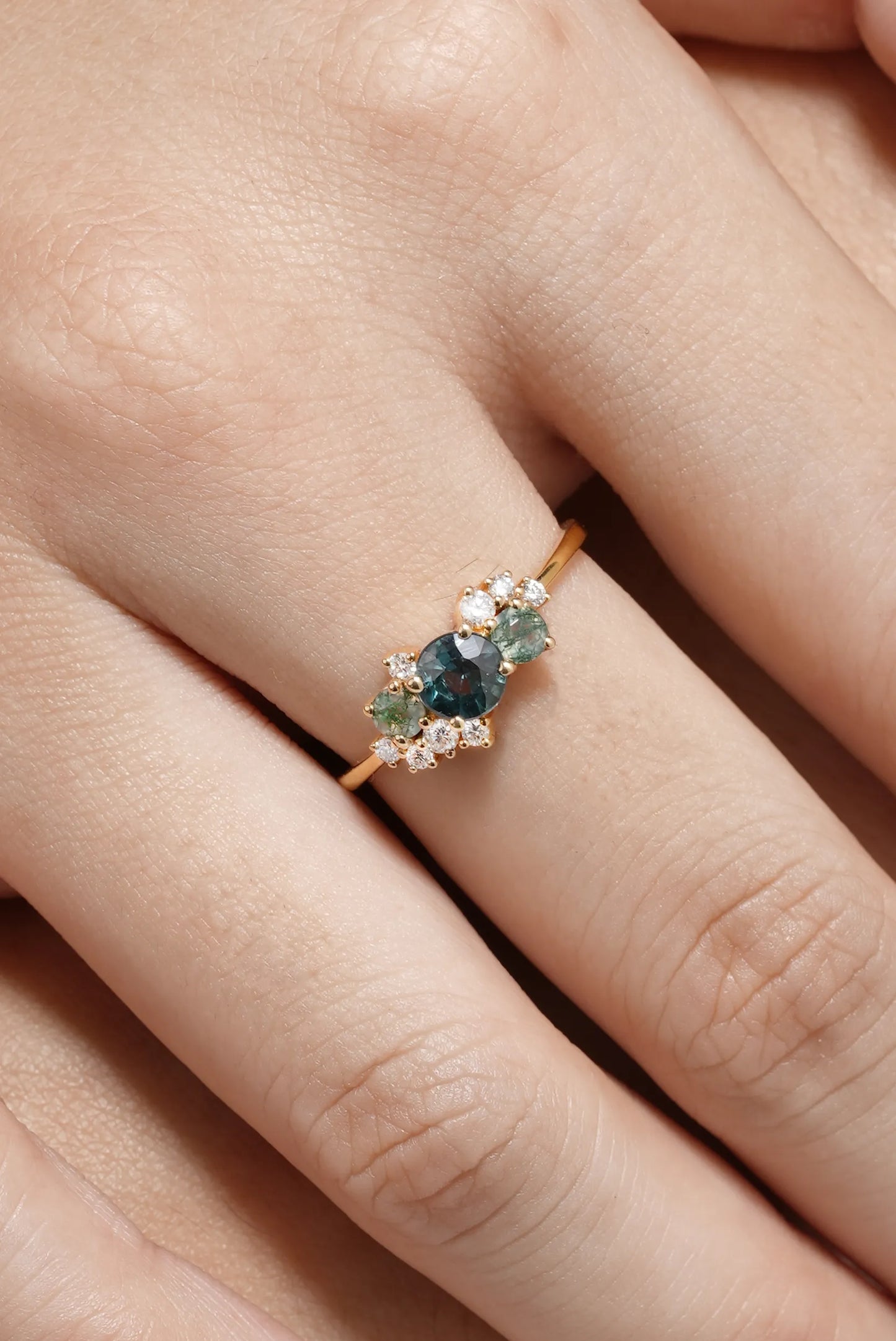 Natural Teal Sapphire Engagement Ring with Moss Agate & Moissanite Cluster