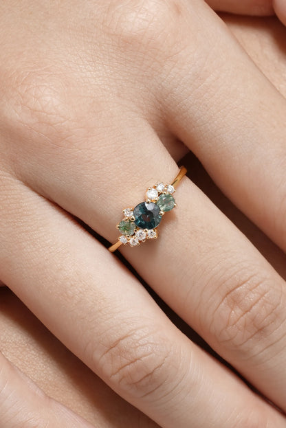 Natural Teal Sapphire Engagement Ring with Moss Agate & Moissanite Cluster