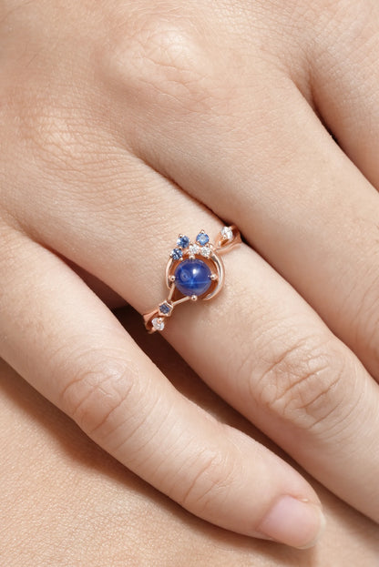 Unique Star Sapphire Engagement Ring with Star & Moon
