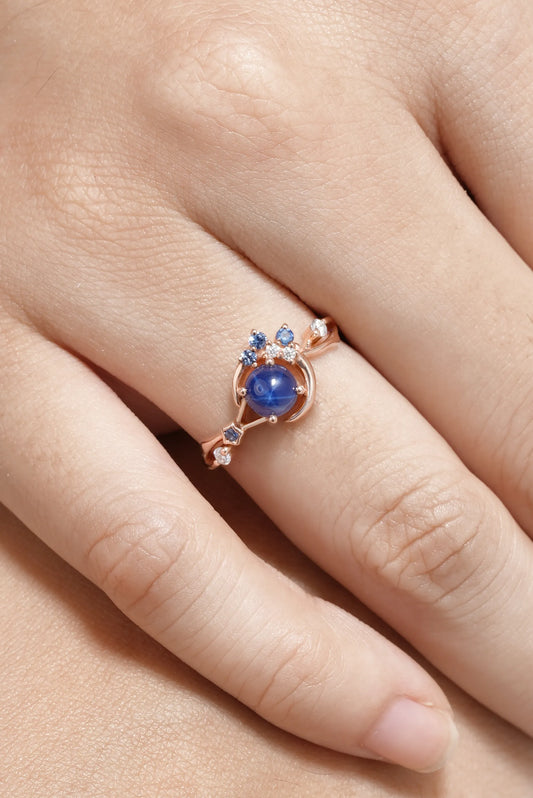 Unique Star Sapphire Engagement Ring with Star & Moon