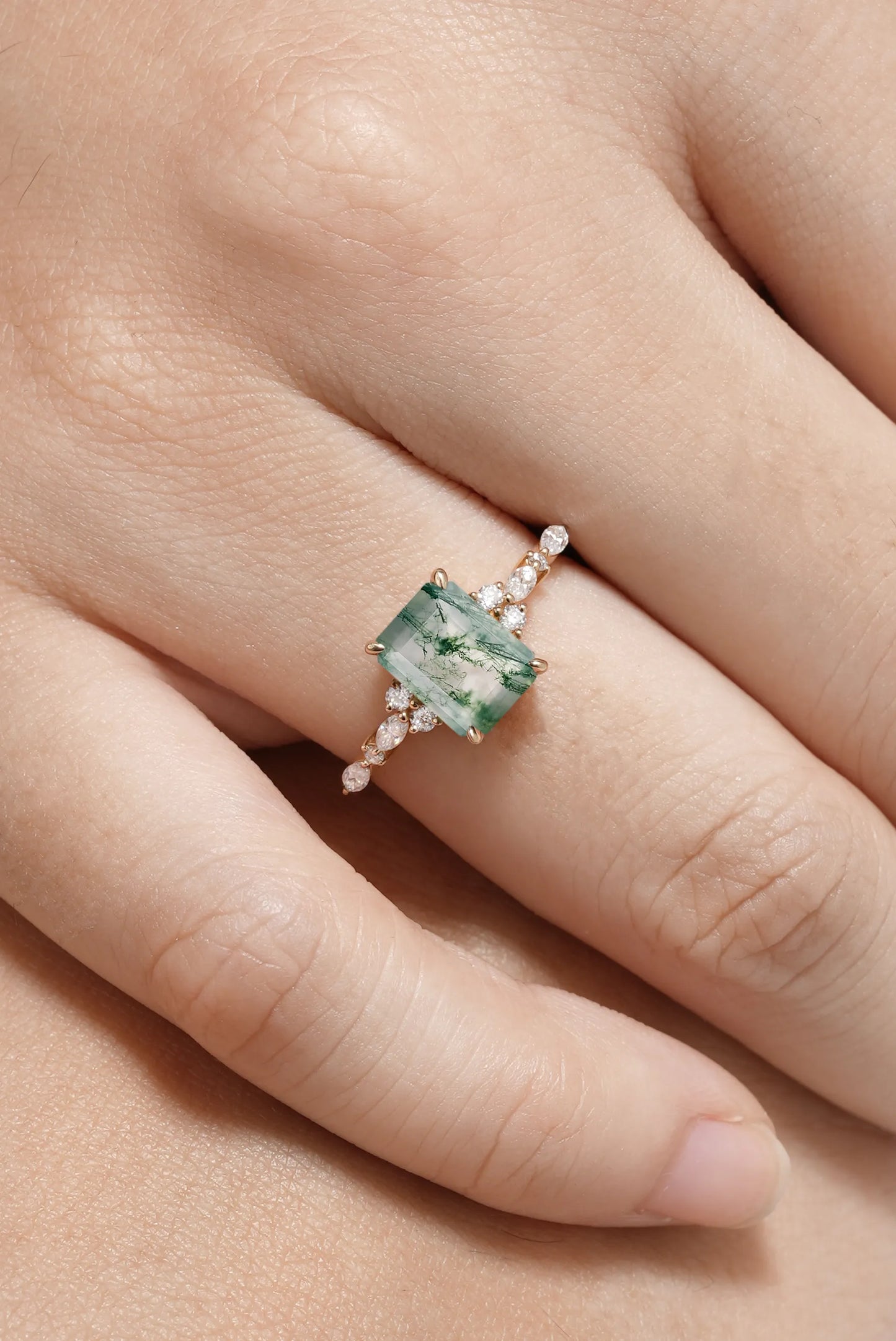 Emerald Cut Moss Agate Promise Ring with Moissanite