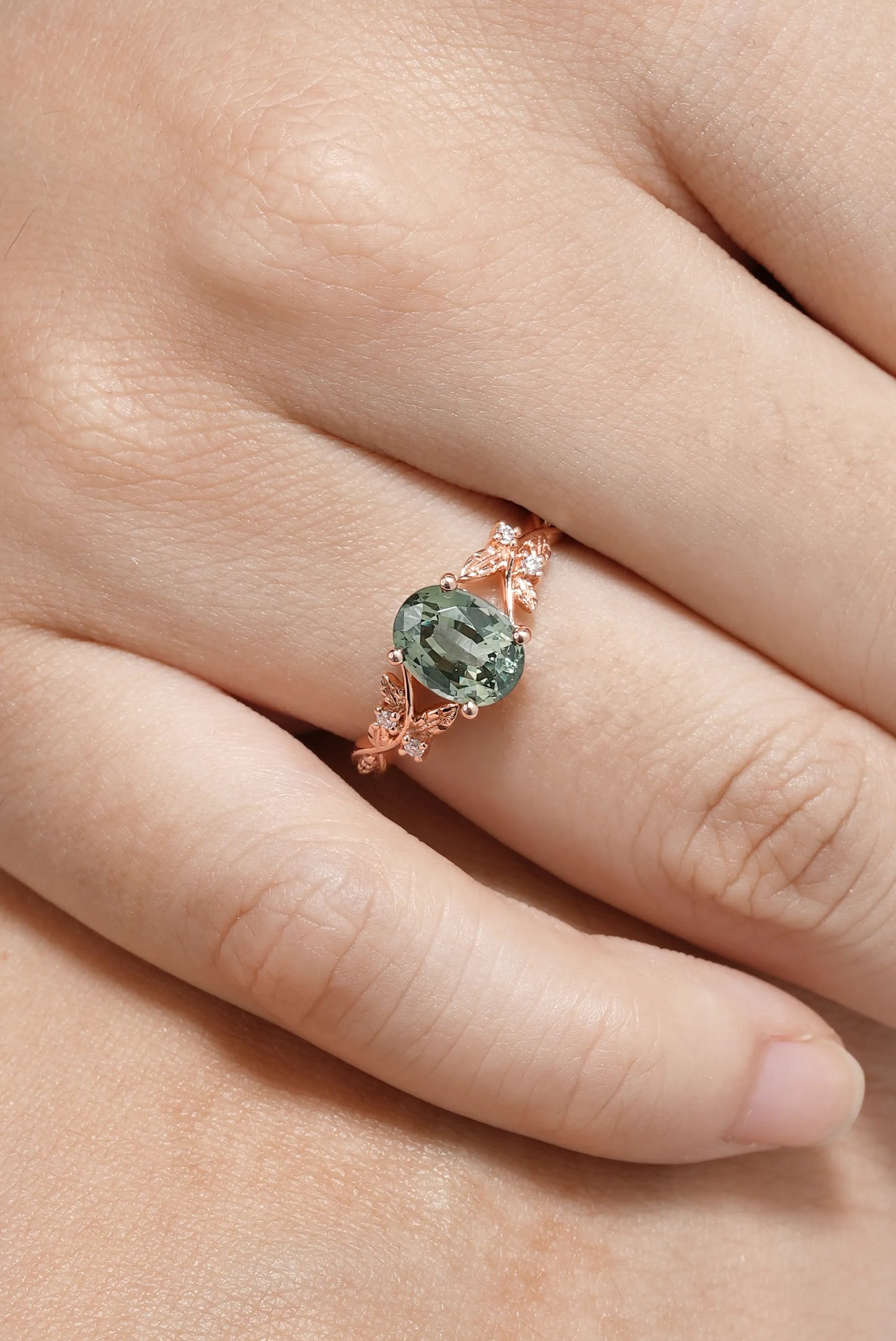 Lab Grown Green Sapphire Leaf Ring for Her
