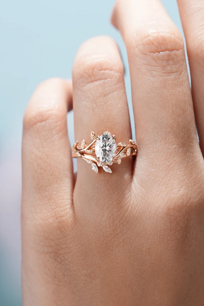 Oval Moissanite Engagement Ring Sets 2pcs with Leaves