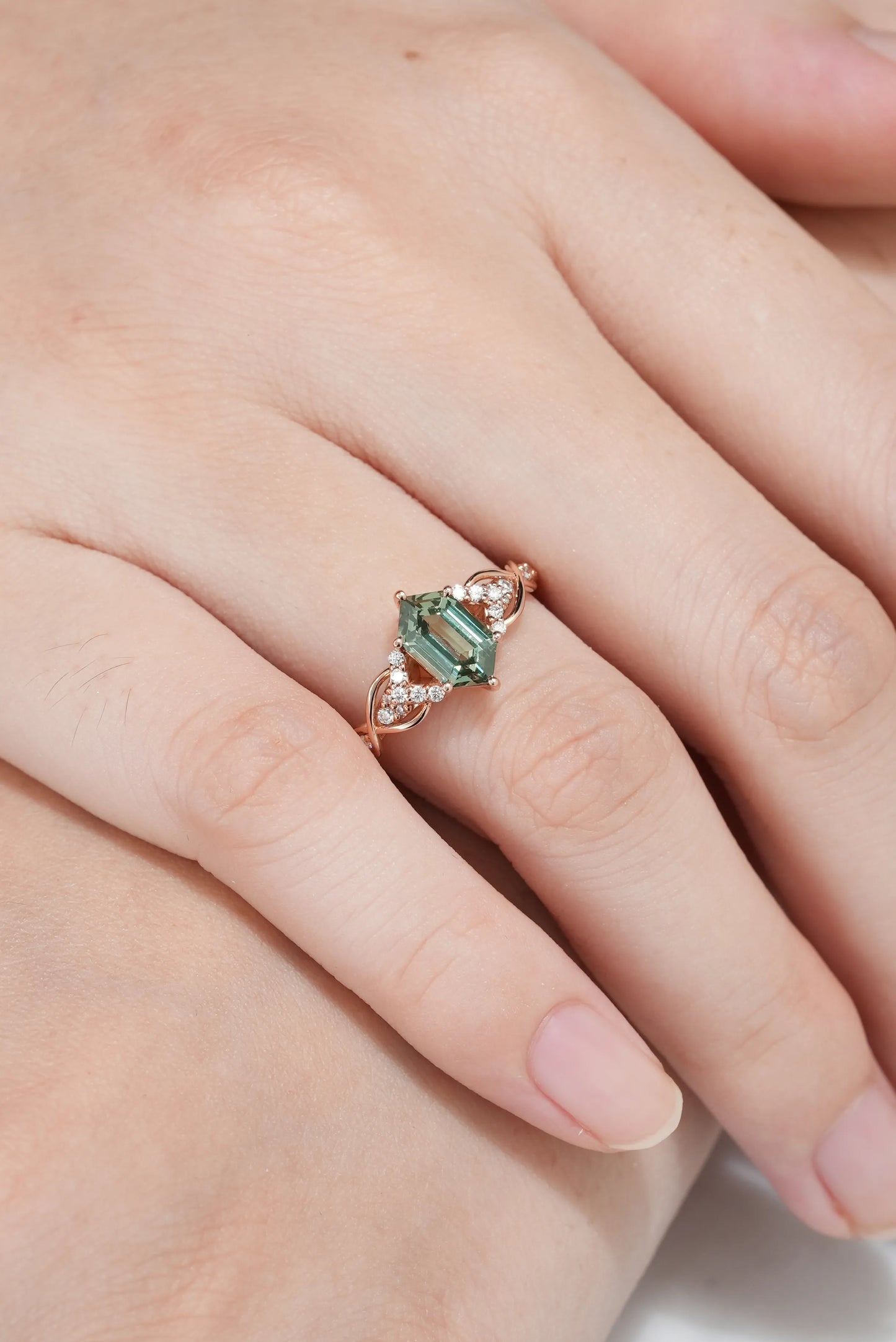 Long Hexagon Cut Green Sapphire Engagement Ring with Moissanite Twist Band