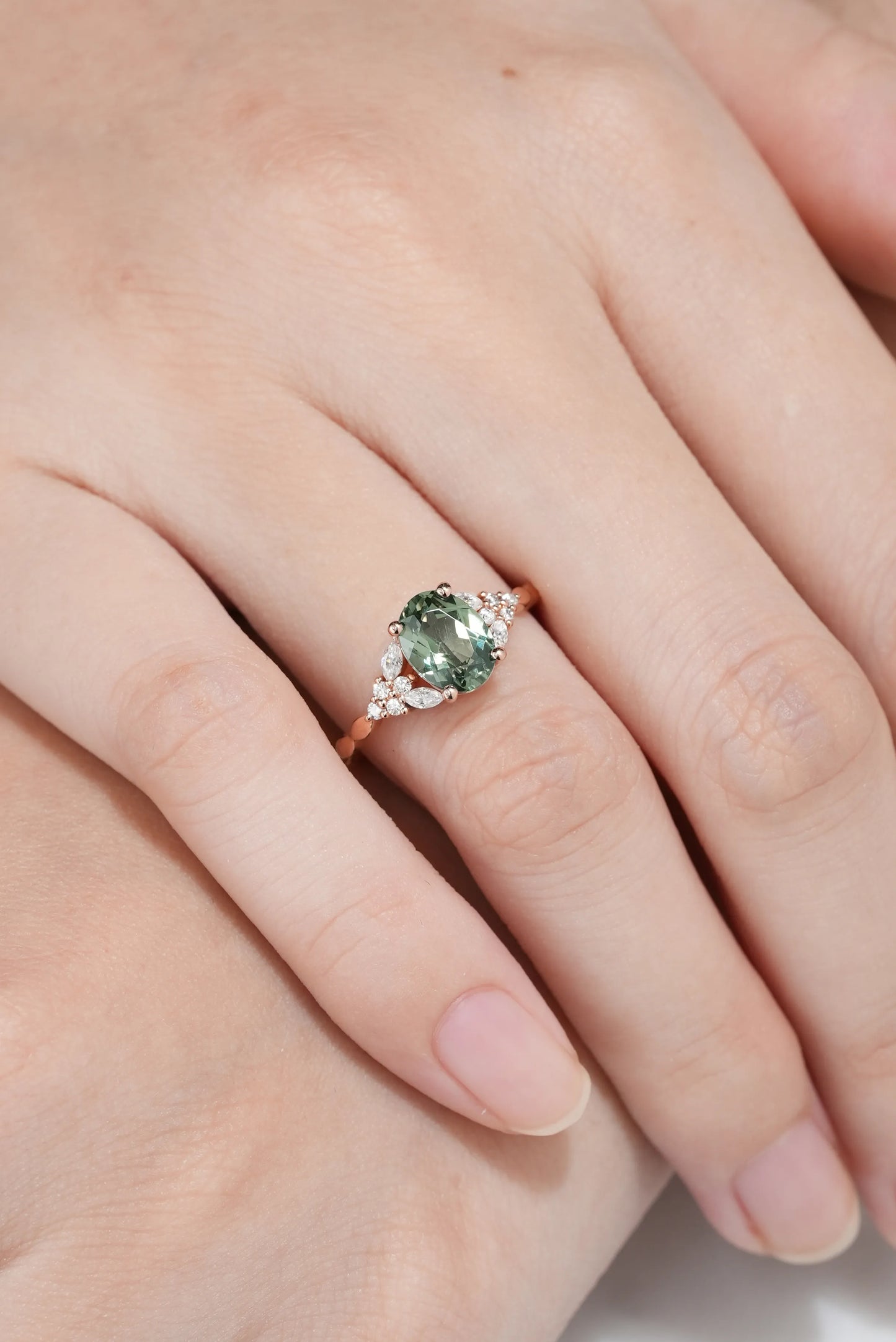 Oval Green Sapphire Engagement Ring with Moissanite Cluster