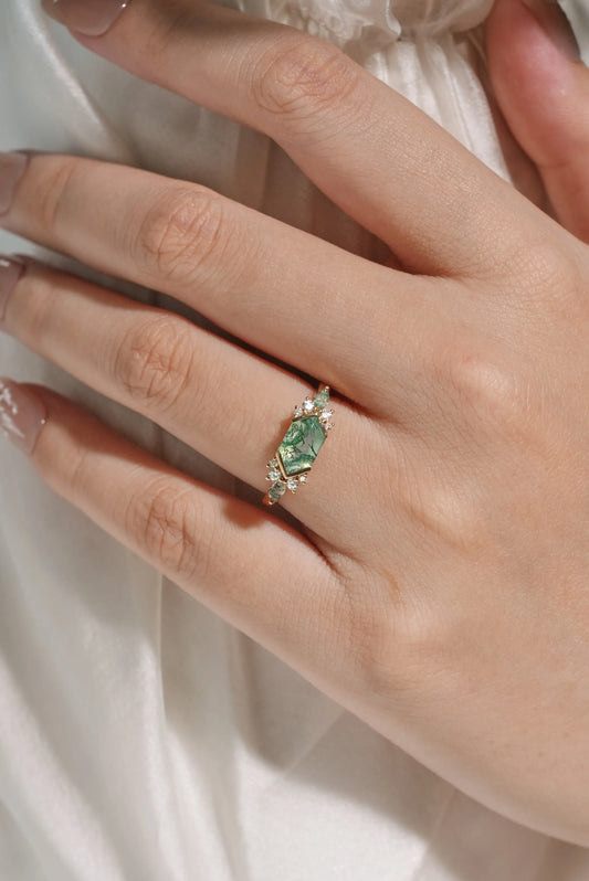 Long Hexagon Moss Agate Half Bezel Engagement Ring