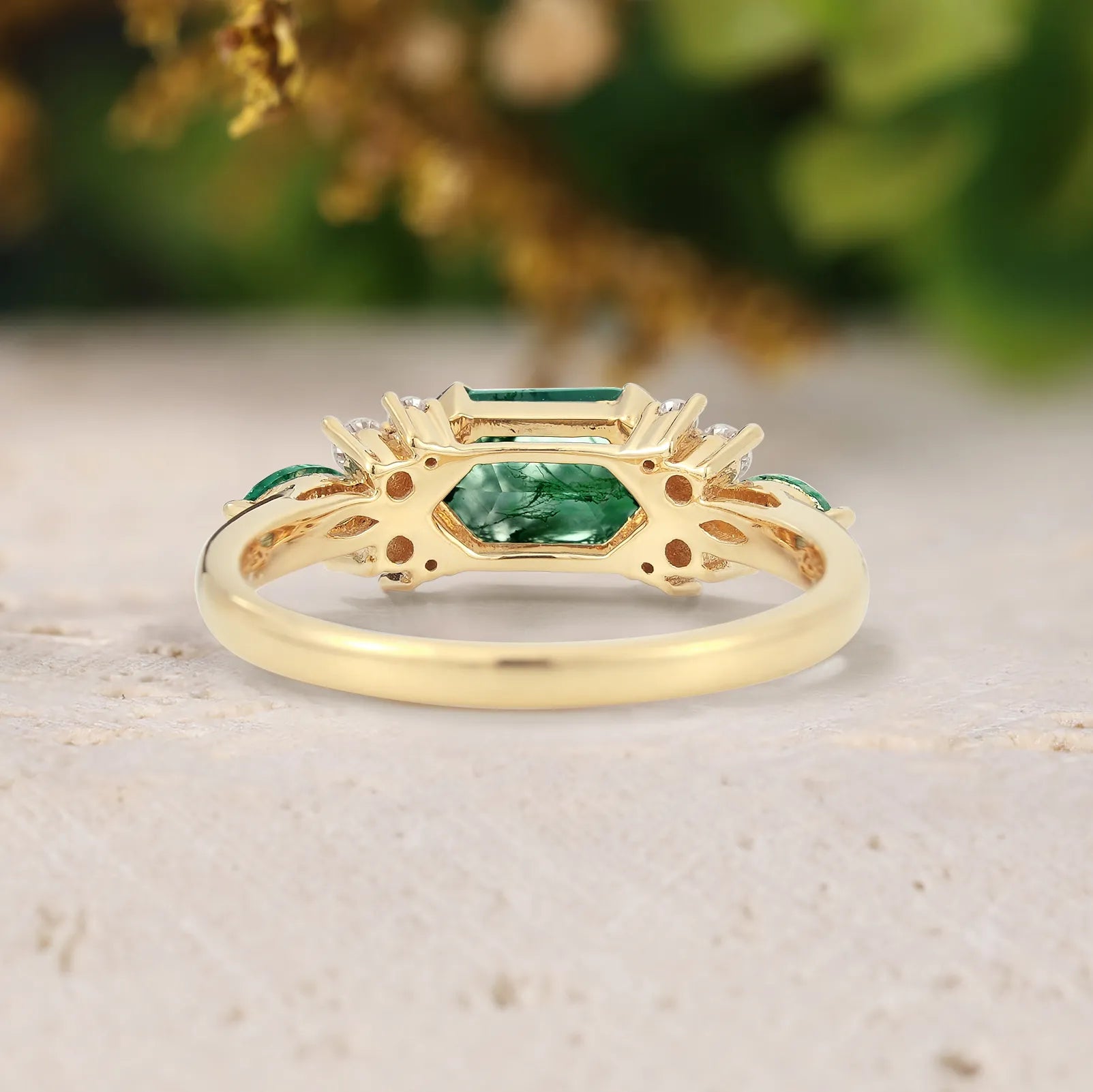 Long Hexagon Moss Agate Half Bezel Engagement Ring