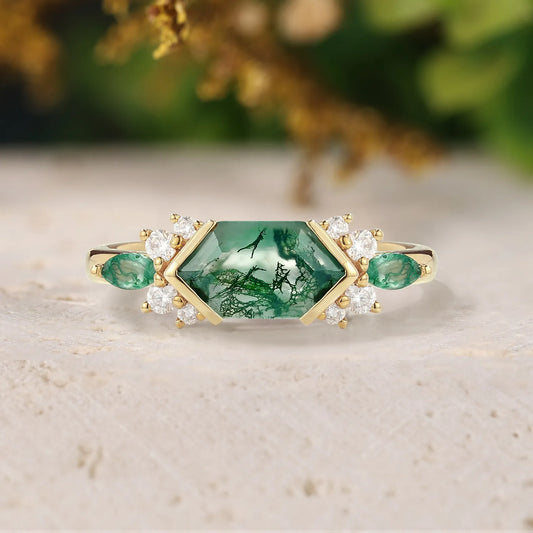 Long Hexagon Moss Agate Half Bezel Engagement Ring