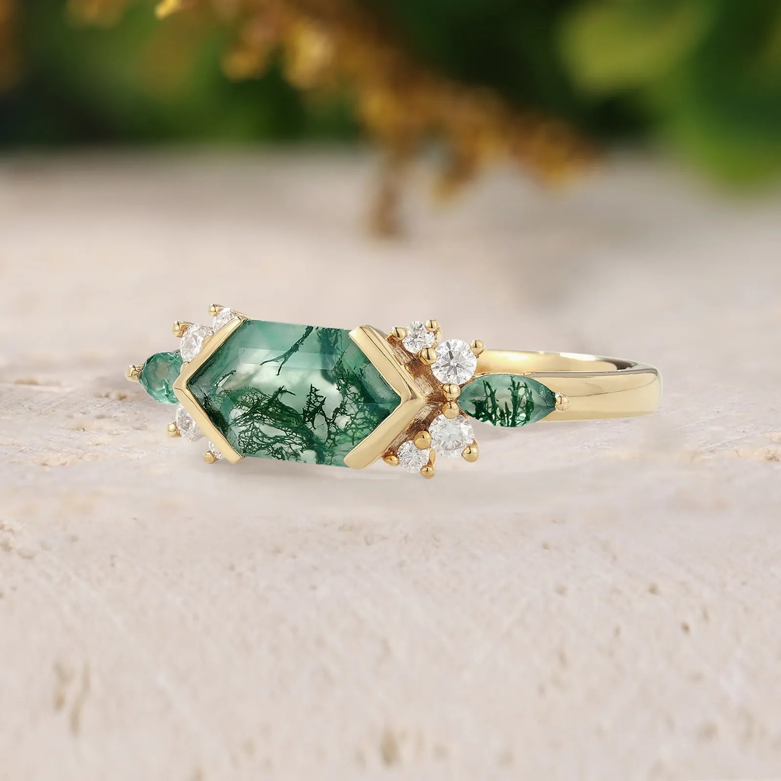 Long Hexagon Moss Agate Half Bezel Engagement Ring