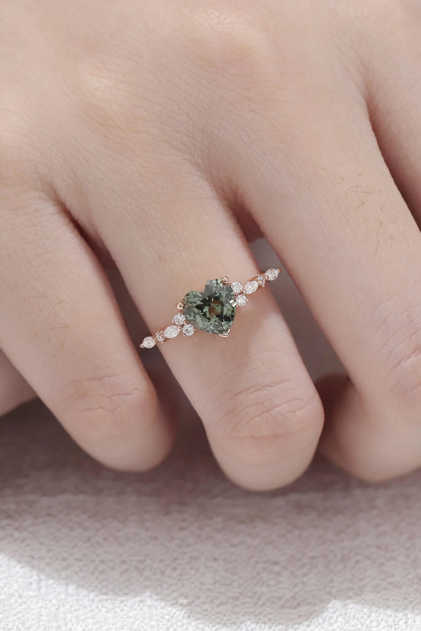 Heart Cut Green Sapphire Engagement Ring with Moissanite Cluster