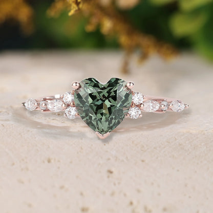 Heart Cut Green Sapphire Engagement Ring with Moissanite Cluster