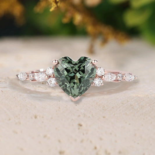 Heart Cut Green Sapphire Engagement Ring with Moissanite Cluster