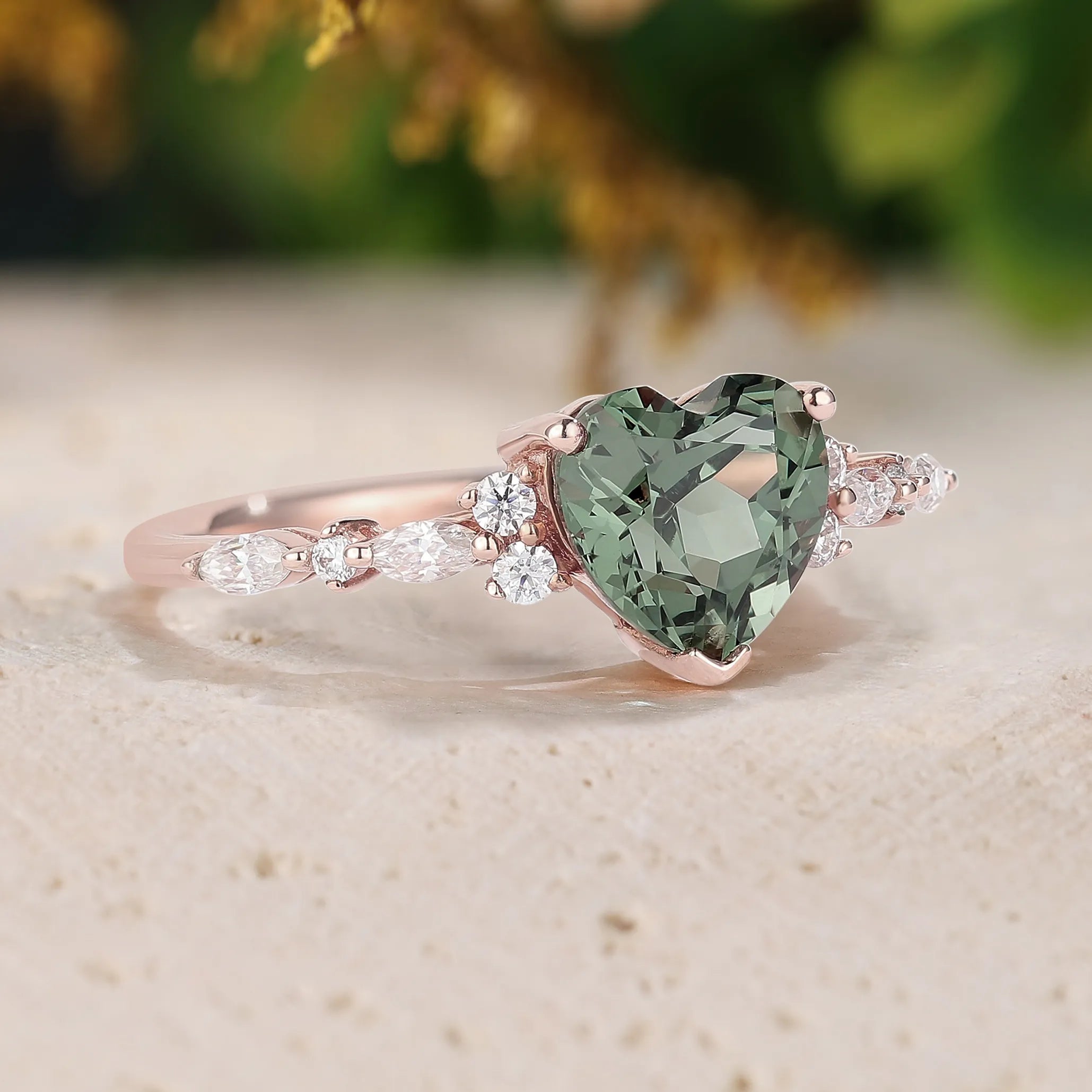 Heart Cut Green Sapphire Engagement Ring with Moissanite Cluster
