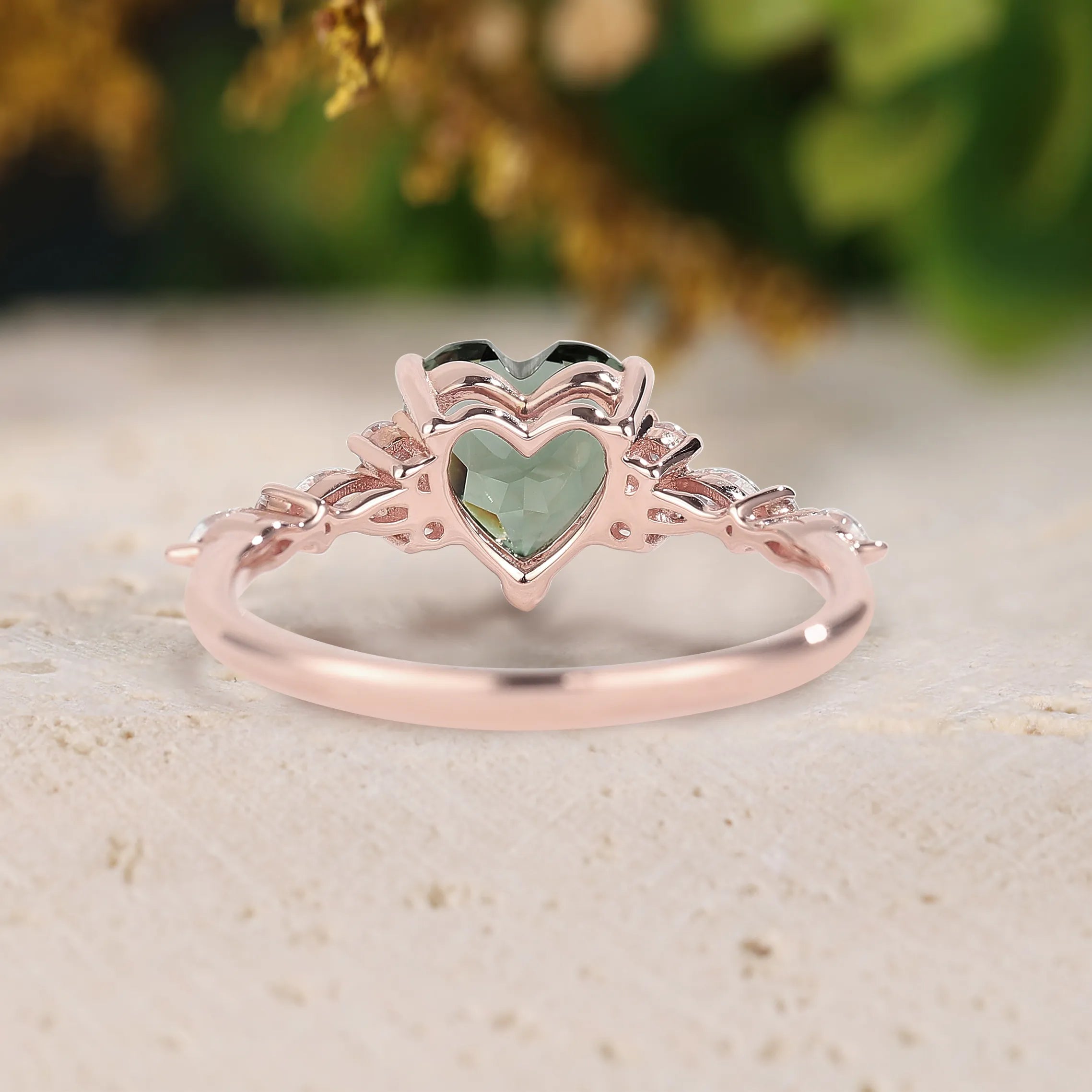 Heart Cut Green Sapphire Engagement Ring with Moissanite Cluster