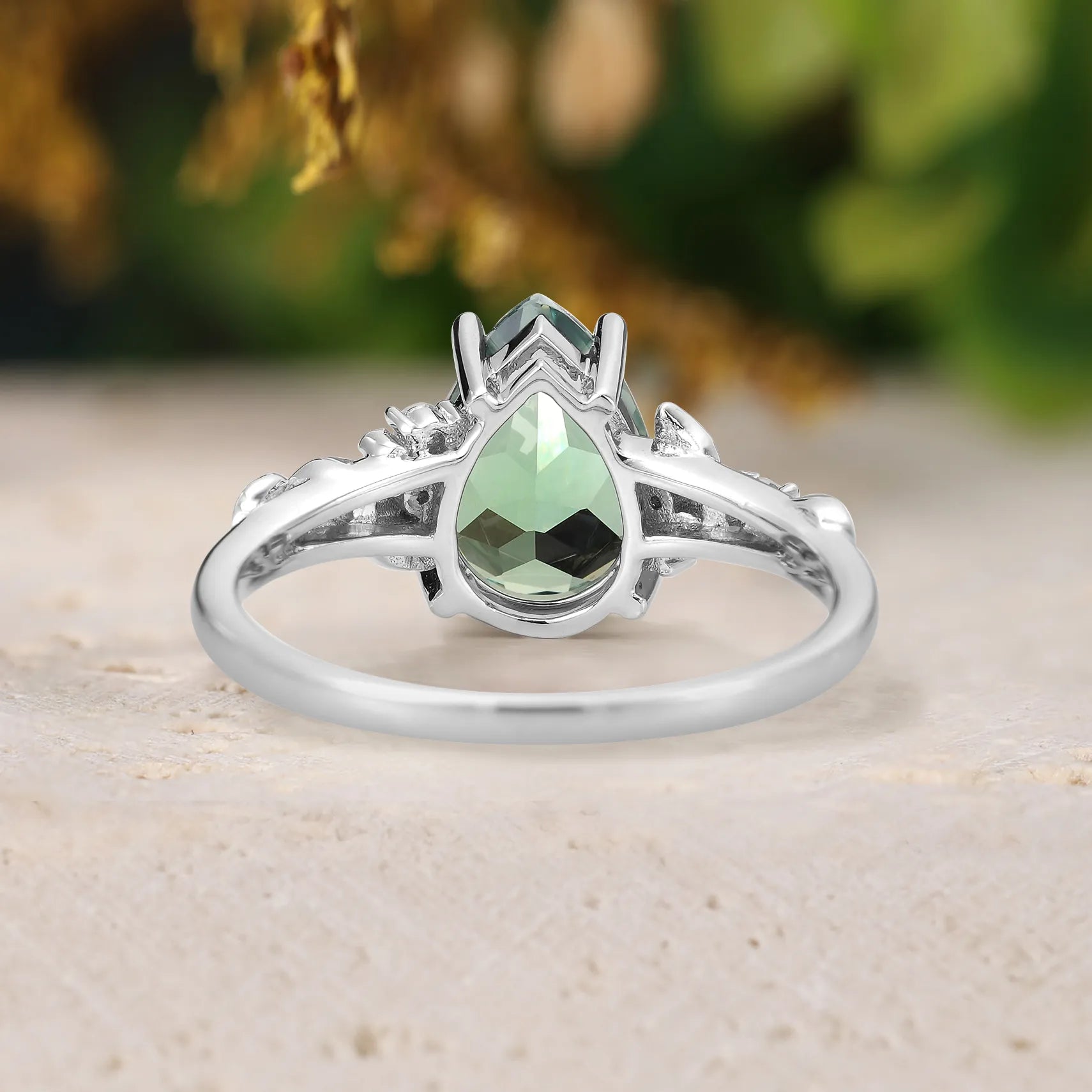 Nature-Inspired Leaf Ring with Milgrain - Green Sapphire Engagement Ring