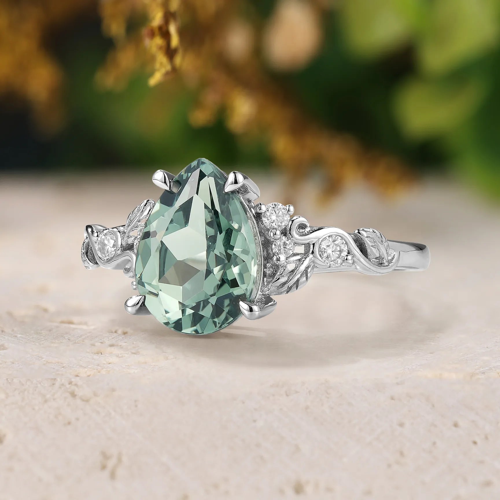 Nature-Inspired Leaf Ring with Milgrain - Green Sapphire Engagement Ring