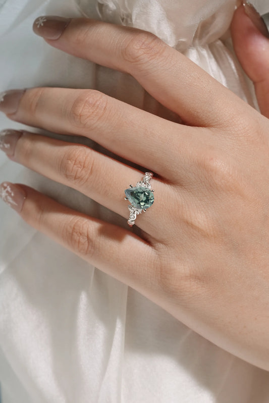 Nature-Inspired Leaf Ring with Milgrain - Green Sapphire Engagement Ring
