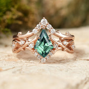 Kite Cut Green Sapphire Twig Wedding Ring Sets 2pcs