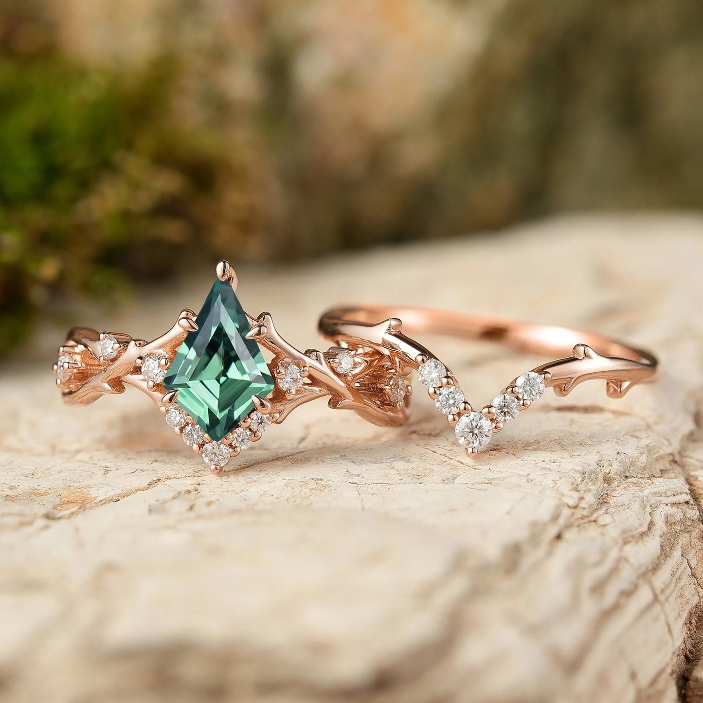 Kite Cut Green Sapphire Twig Wedding Ring Sets 2pcs