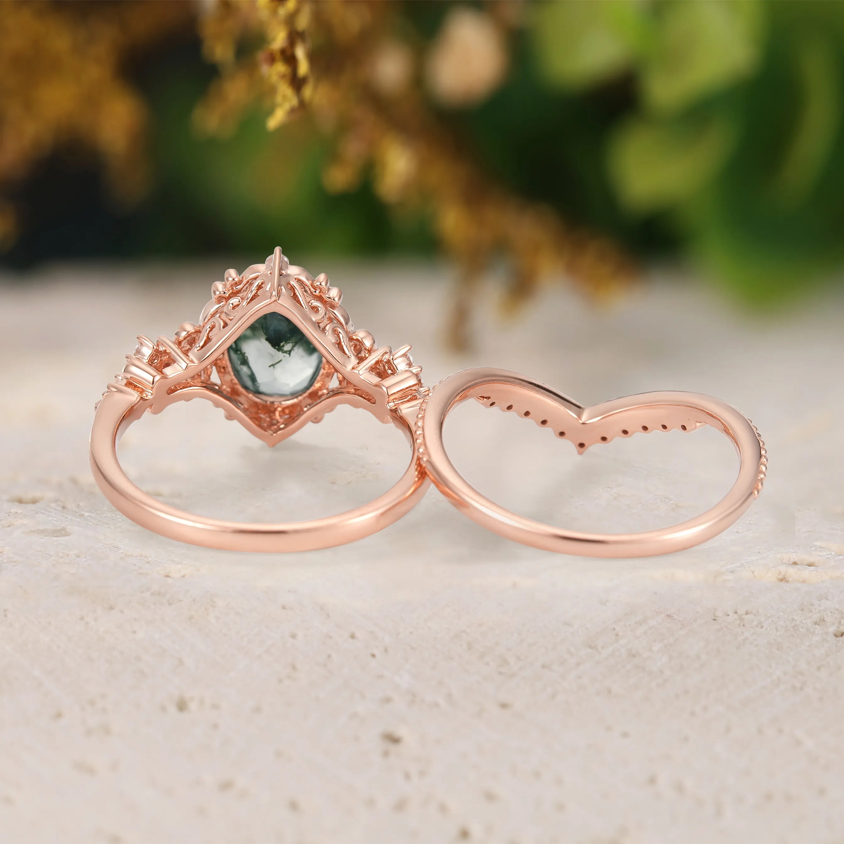 Vintage Milgrain Beaded Edge Engagement Ring – Moss Agate Ring