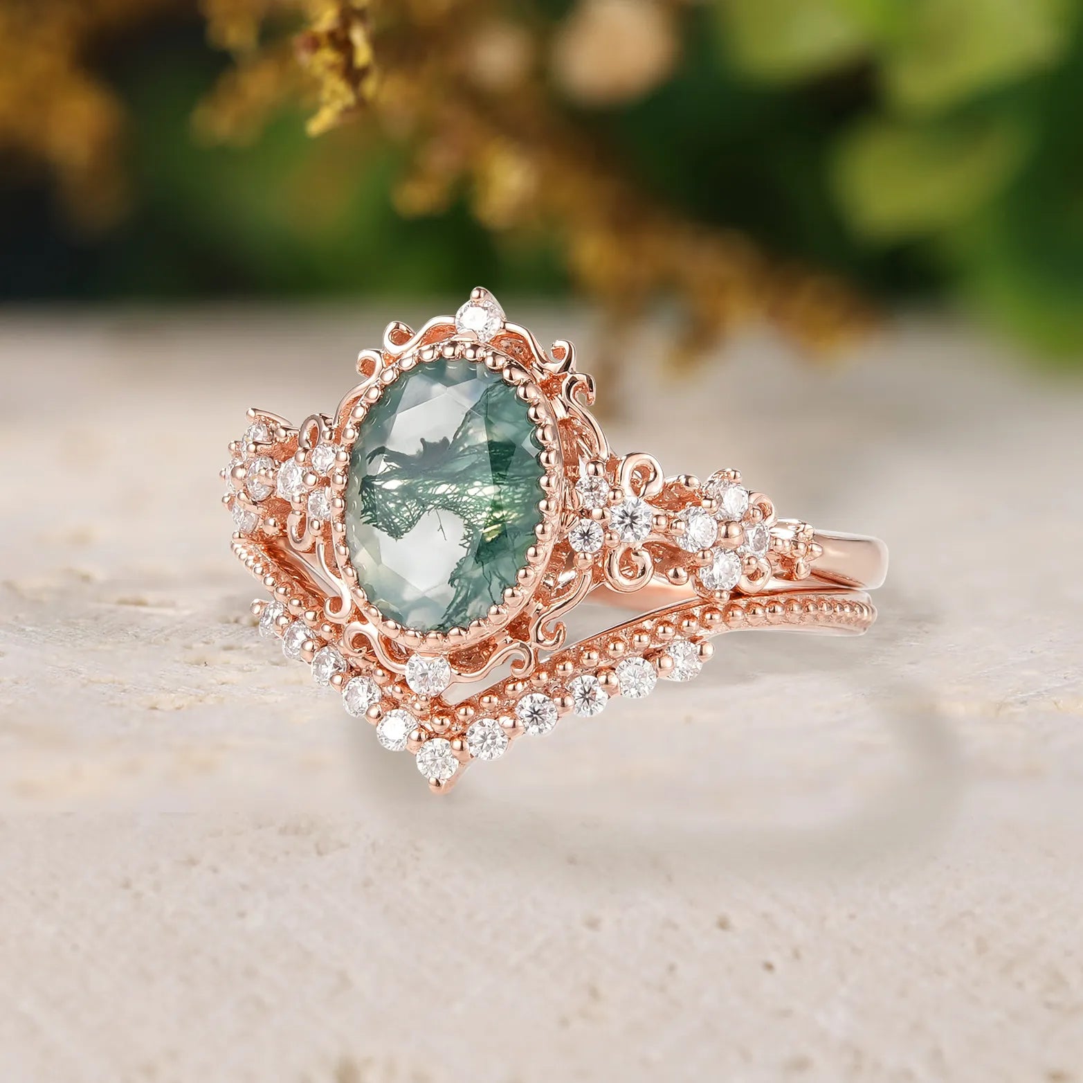 Vintage Milgrain Beaded Edge Engagement Ring – Moss Agate Ring