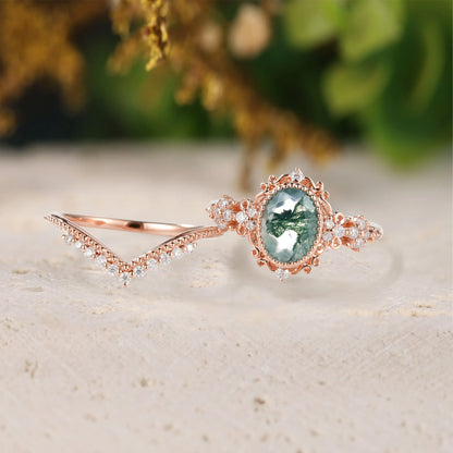 Vintage Milgrain Beaded Edge Engagement Ring – Moss Agate Ring