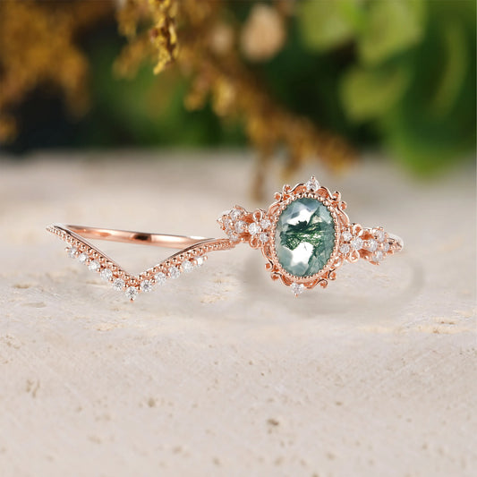 Vintage Milgrain Beaded Edge Engagement Ring – Moss Agate Ring