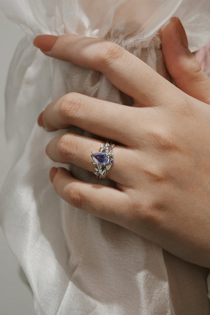 Nature-Inspired Leaf Engamgenet Ring Set 2pcs Alexandrite Ring