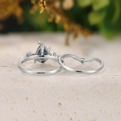 Nature-Inspired Leaf Engamgenet Ring Set 2pcs Alexandrite Ring