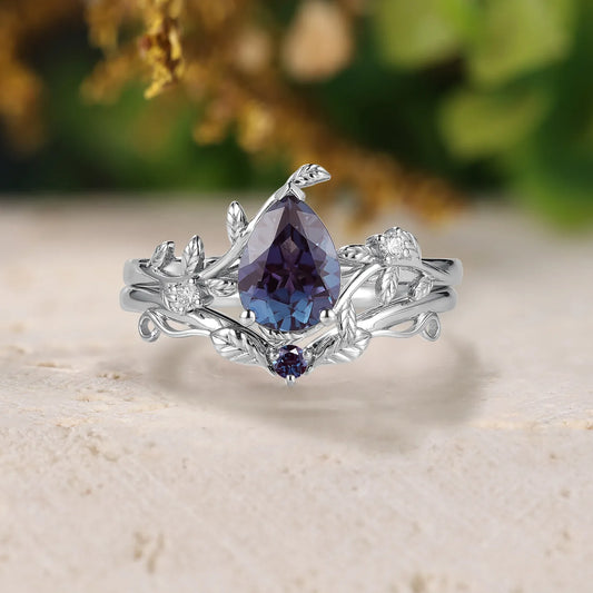 Nature-Inspired Leaf Engamgenet Ring Set 2pcs Alexandrite Ring