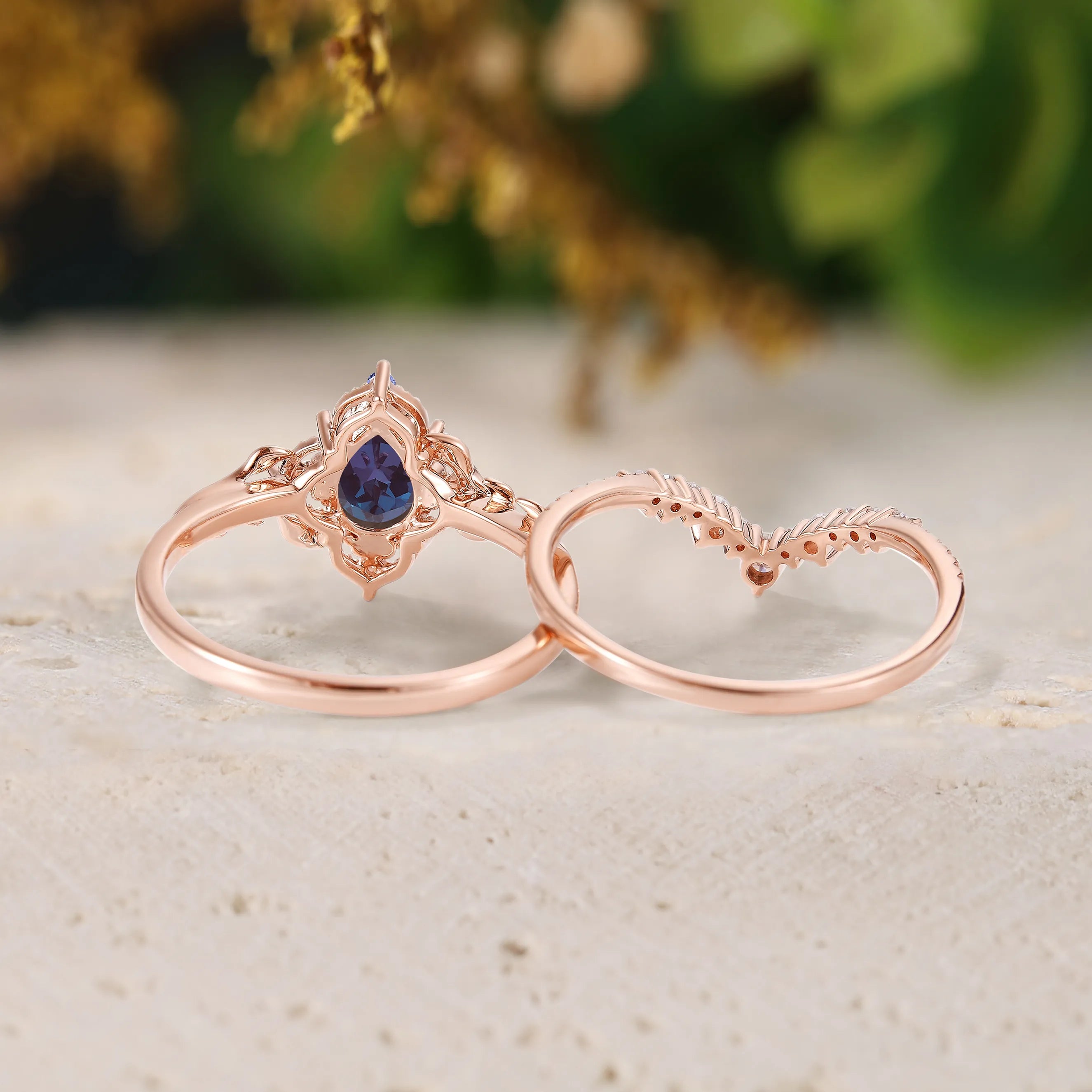 Pear Alexandrite Leaf Inspired Wedding Ring Sets 2pcs