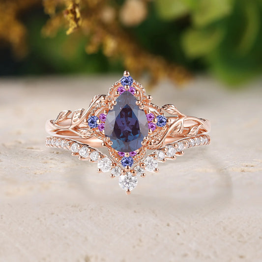Pear Alexandrite Leaf Inspired Wedding Ring Sets 2pcs