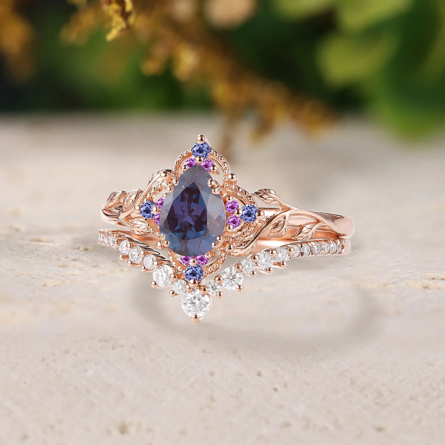Pear Alexandrite Leaf Inspired Wedding Ring Sets 2pcs