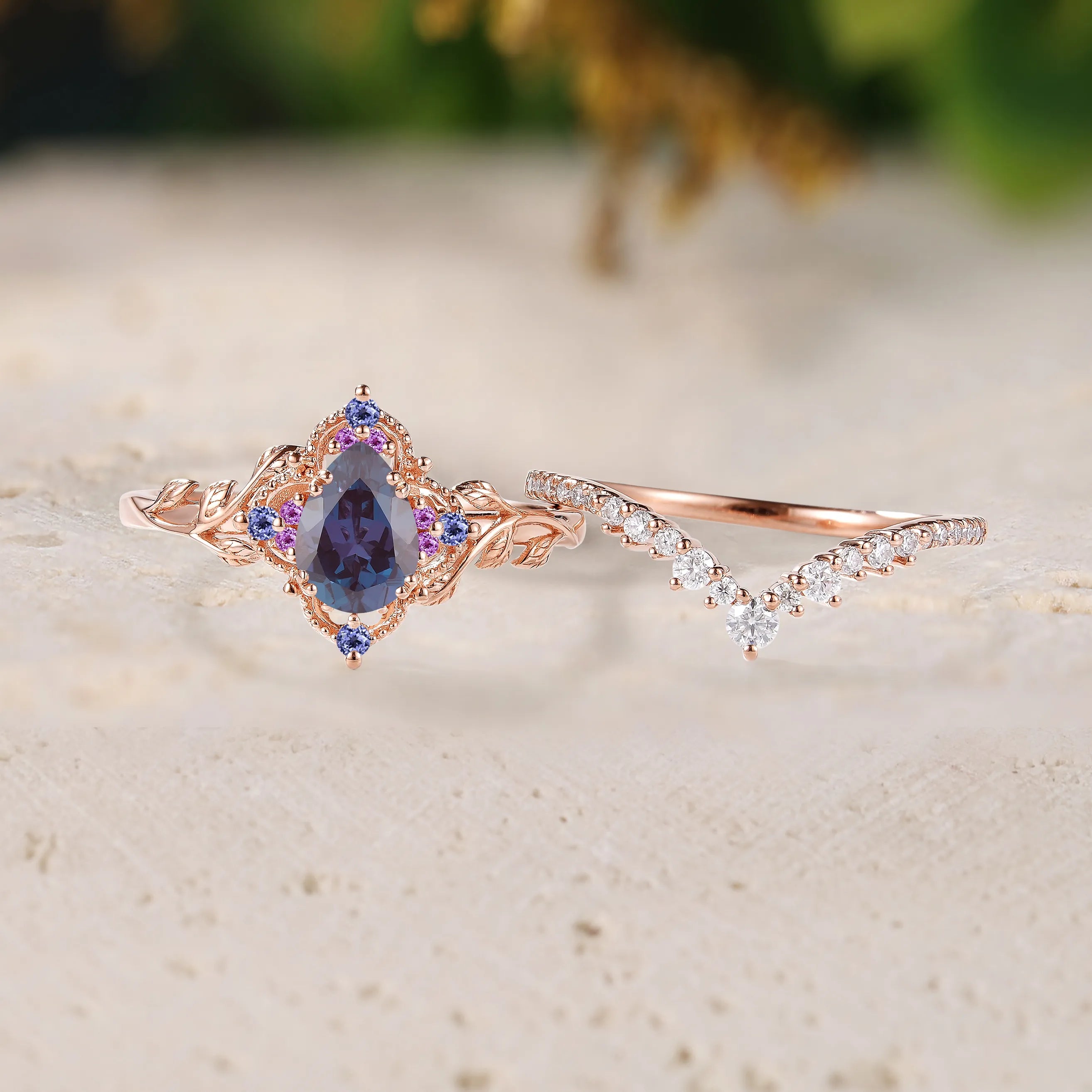 Pear Alexandrite Leaf Inspired Wedding Ring Sets 2pcs