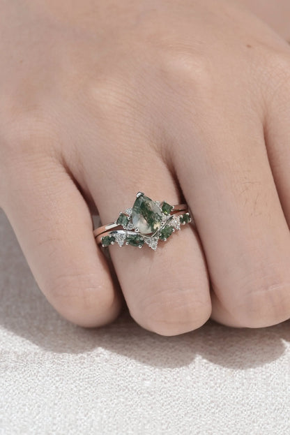 Pear Cut Moss Agate Wedding Ring Sets 2pcs