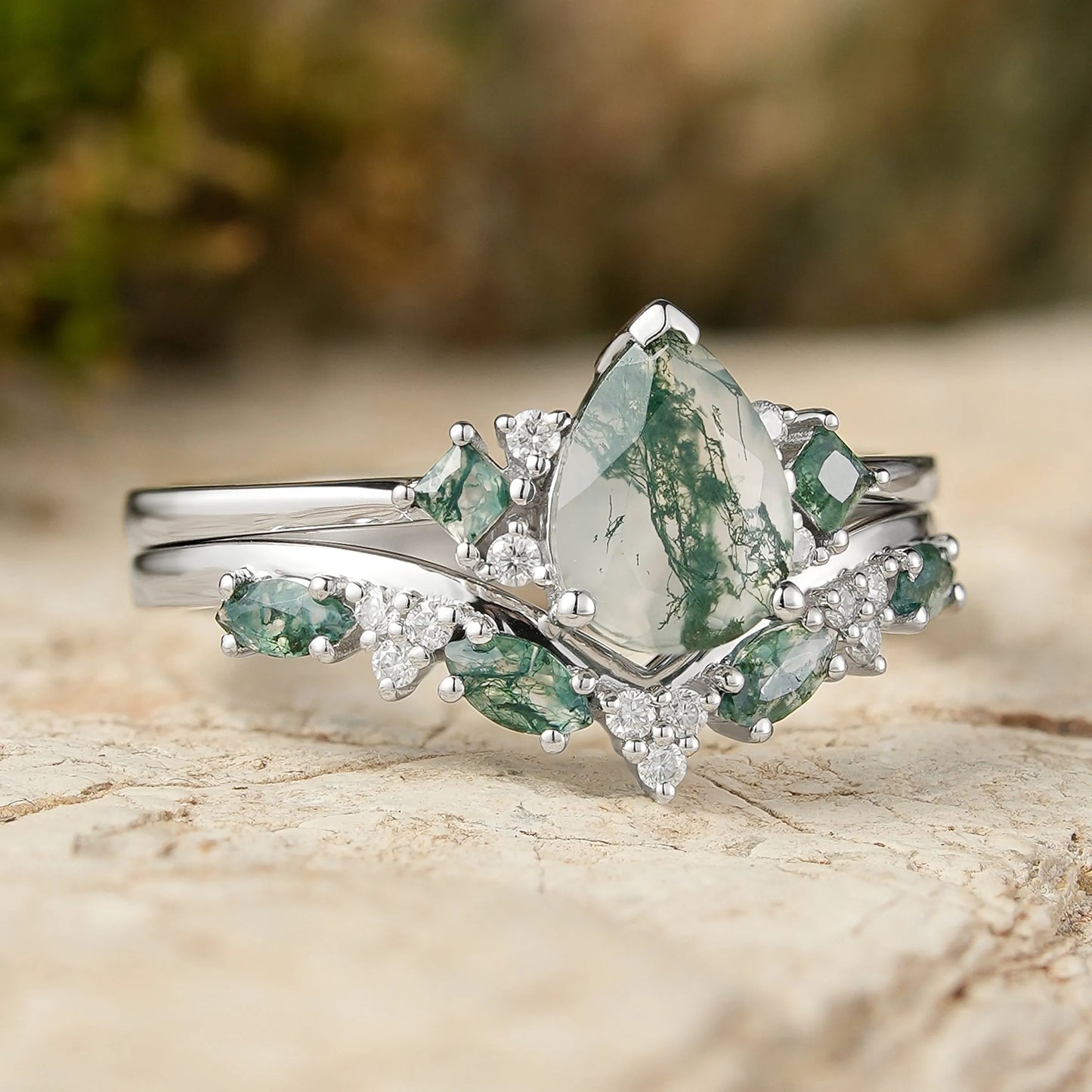 Pear Cut Moss Agate Wedding Ring Sets 2pcs