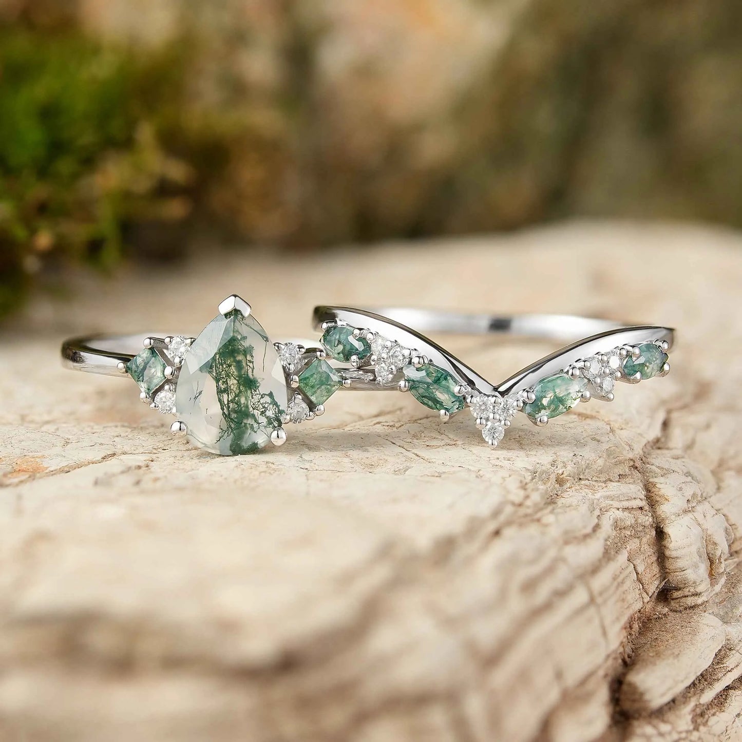 Pear Cut Moss Agate Wedding Ring Sets 2pcs